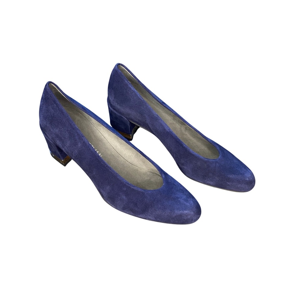 Stuart Weitzman  Navy Blue Suede Block Heel Pump Silver Logo Accent Round Toe 7.